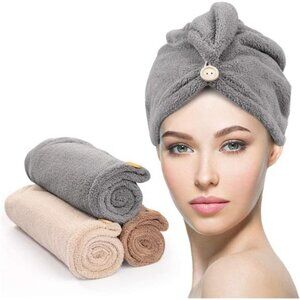 3 Pack Hair Drying Towels, Hair Towel with Button, Super Absorbent